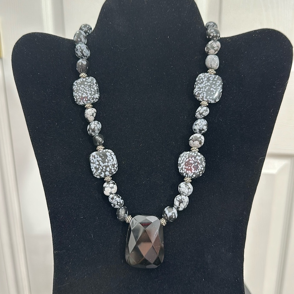 Snowflake Obsidian With Faceted Black Bead Pendant Necklace